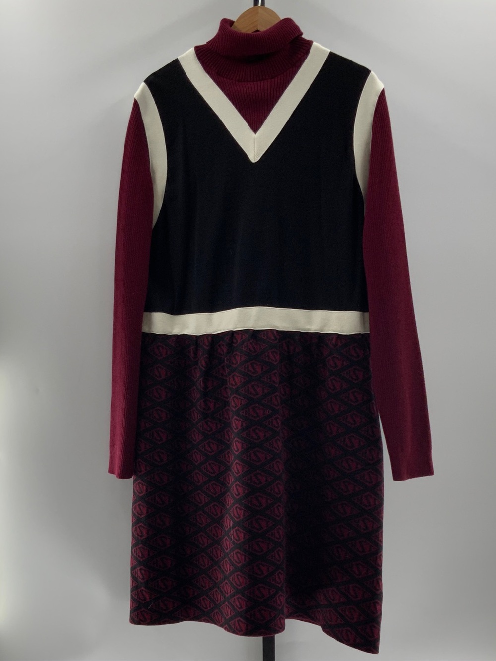Tommy Hilfiger Burgundy, Black & Cream Turtleneck Knit Colorblock Dress